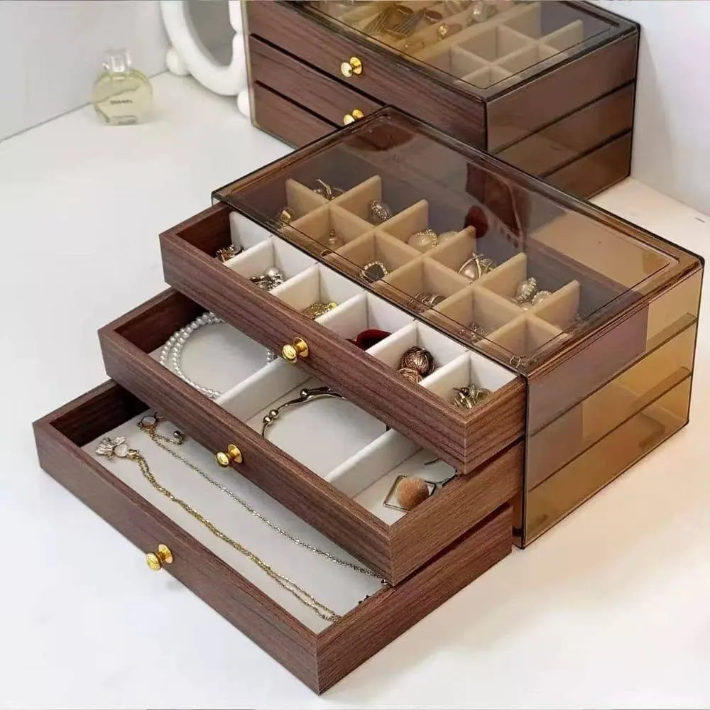 3-Tier Walnut Wood Jewelry Organizer Box